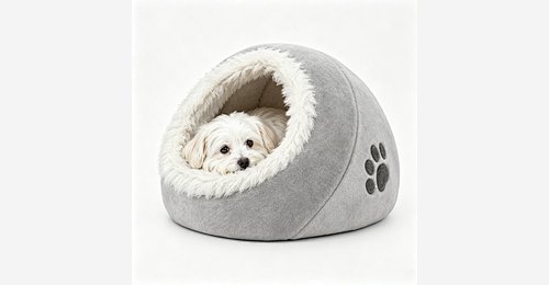 Custom Covered Cat & Dog Bed | OEM & ODM Light Grey Plush Cave Bed with Paw Print - Model MJ-PET003 | Mingjin Sitzsack China
